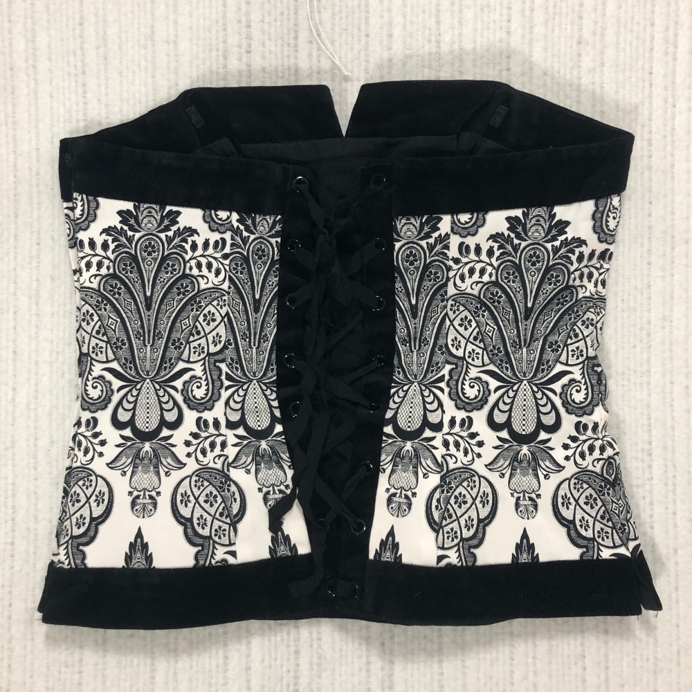 White House Black Market Damask Paisley Velvet Trim Lace Up Corset Top Size 4 - Picture 2 of 7